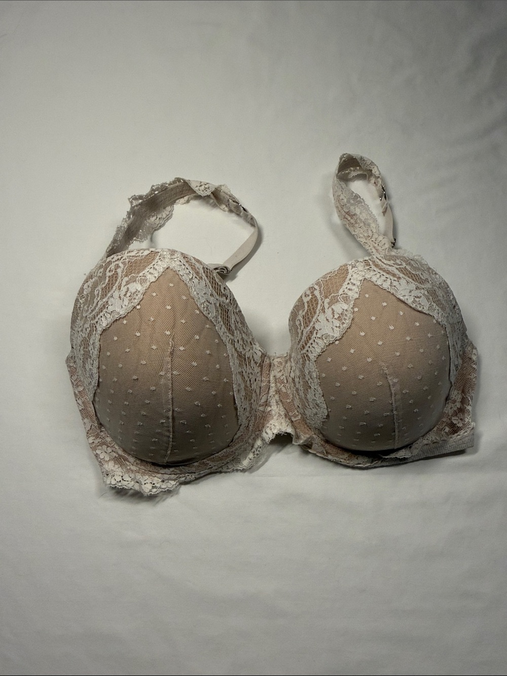 Victoria's Secret Nude Bra with White Lace Overlay